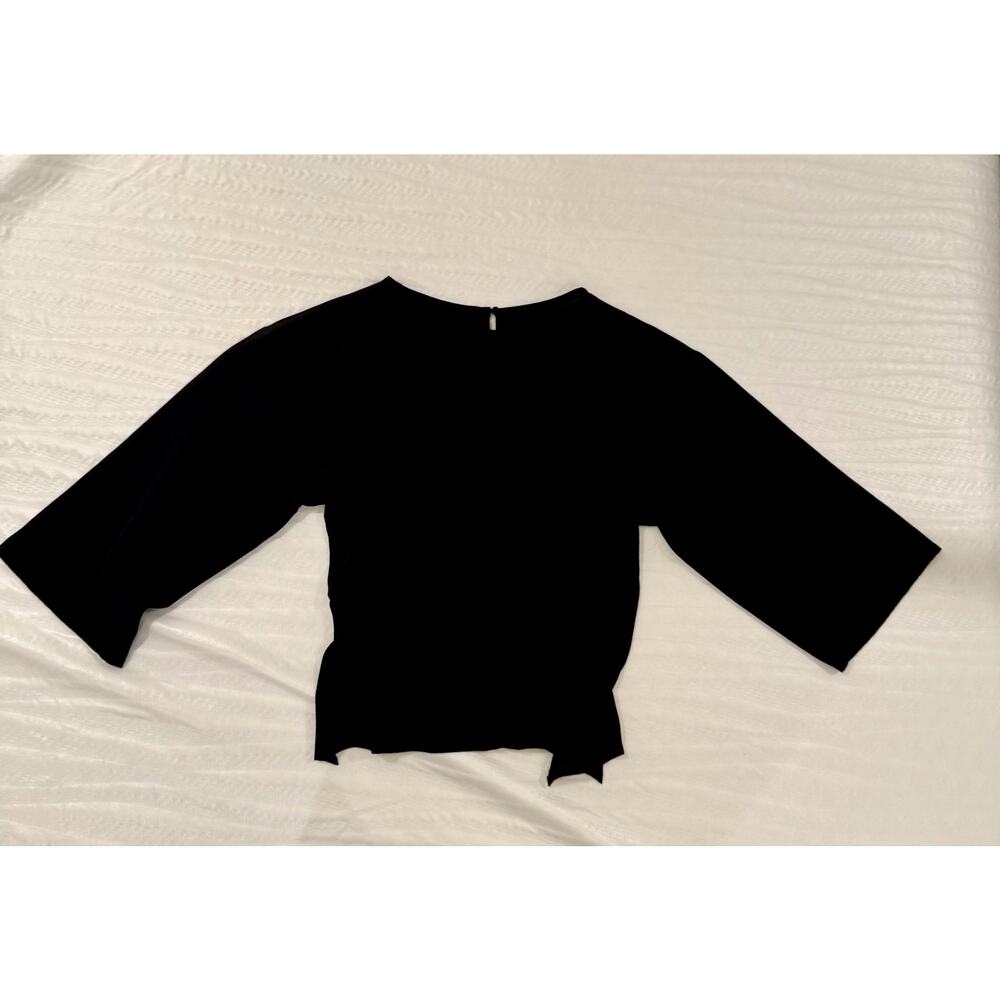 Black Pleated Blouse Pintuck 3/4 Sleeve Stretch Woven Minimalist Small Workwear - Picture 13 of 15